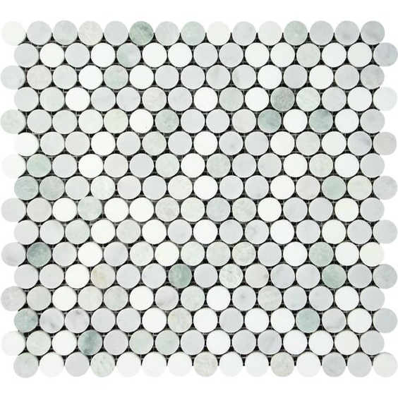 Thassos White Marble Polished Penny Round Mosaic Tile w/ Ming Green Dots-Marble Mosaic-American Tile Depot