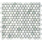 Thassos White Marble Polished Penny Round Mosaic Tile w/ Ming Green Dots