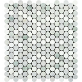 Thassos White Marble Polished Penny Round Mosaic Tile w/ Ming Green Dots