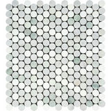 Thassos White Marble Polished Penny Round Mosaic Tile w/ Ming Green Dots