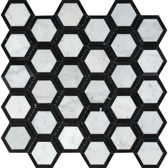 Carrara White Marble Honed 2" Vortex Hexagon Mosaic Tile w / Black-Marble Mosaic-American Tile Depot