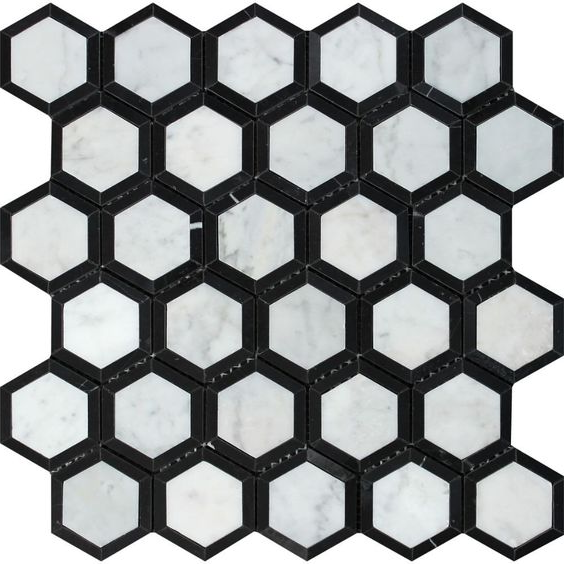 Carrara White Marble Honed 2" Vortex Hexagon Mosaic Tile w / Black-Marble Mosaic-American Tile Depot