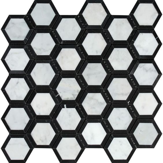 Carrara White Marble Honed 2" Vortex Hexagon Mosaic Tile w / Black-Marble Mosaic-American Tile Depot