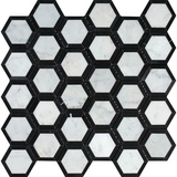 Carrara White Marble Honed 2" Vortex Hexagon Mosaic Tile w / Black