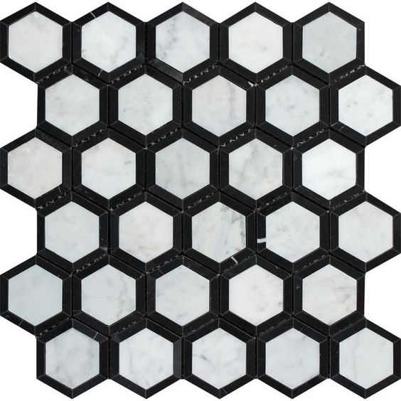 Carrara White Marble Polished 2" Vortex Hexagon Mosaic Tile w / Black-Marble Mosaic-American Tile Depot