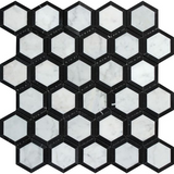 Carrara White Marble Polished 2" Vortex Hexagon Mosaic Tile w / Black