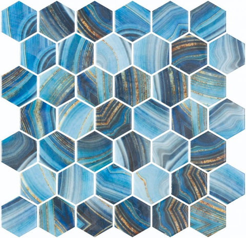 Phoenix Marbling Blue Polished Hexagon Glass Mosaic Tile