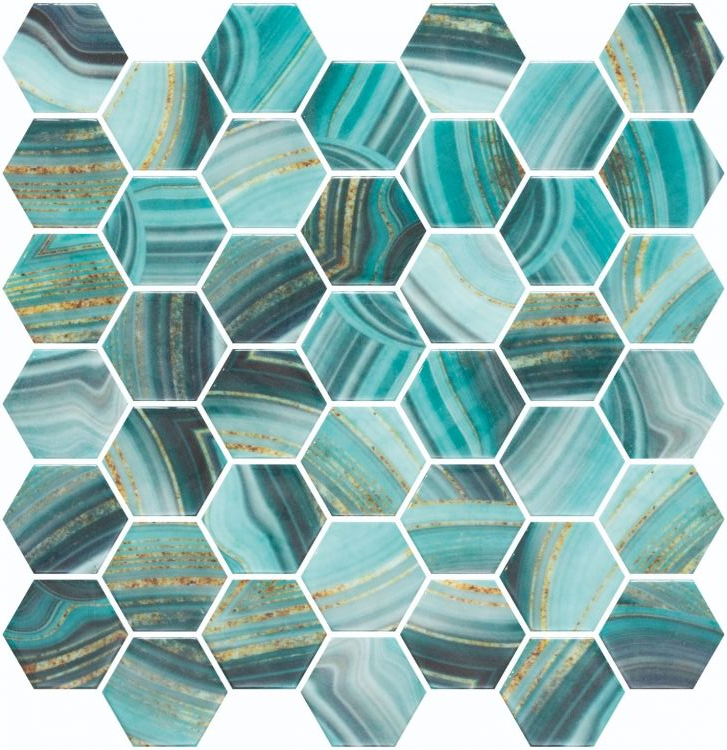 Phoenix Marbling Teal Polished Hexagon Glass Mosaic Tile-Recycled Glass Mosaic-American Tile Depot