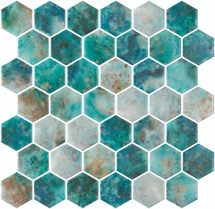 Phoenix Marbling Green Polished Hexagon Glass Mosaic Tile-Recycled Glass Mosaic-American Tile Depot