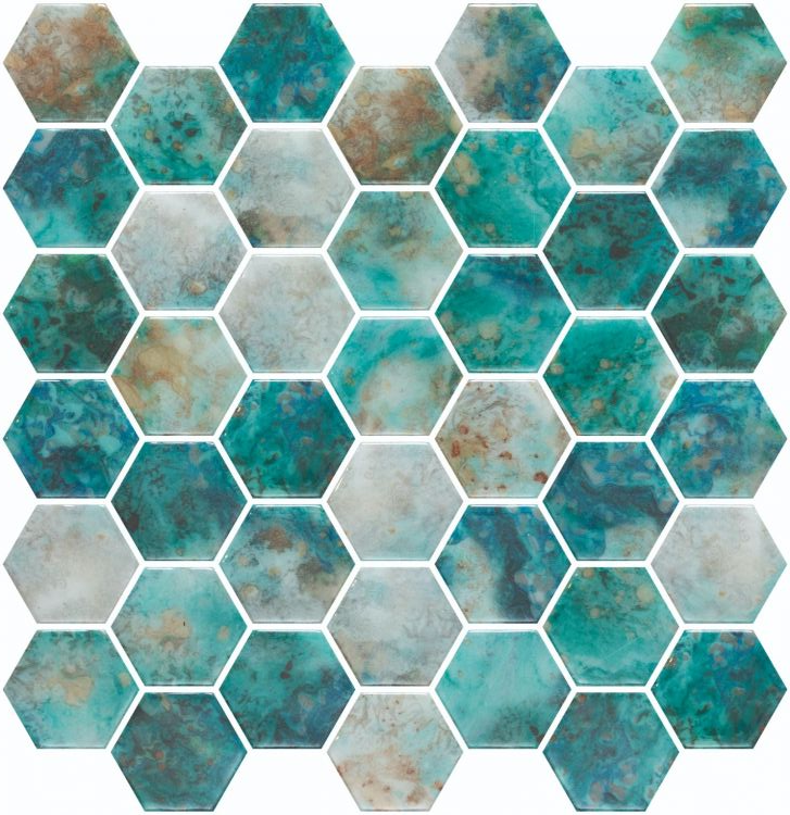 Phoenix Marbling Green Polished Hexagon Glass Mosaic Tile-Recycled Glass Mosaic-American Tile Depot