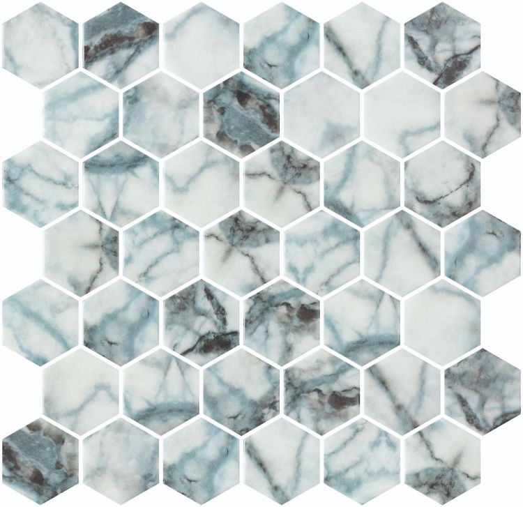 Phoenix Marbling Azul Hexagon Glass Mosaic Tile-Recycled Glass Mosaic-American Tile Depot