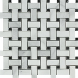 Bianco Venatino (Bianco Mare) Marble Polished Basketweave Mosaic Tile w/ Black Dots