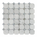 Carrara White Marble Polished Octagon Mosaic Tile w/ Blue-Gray Dots-Marble Mosaic-American Tile Depot