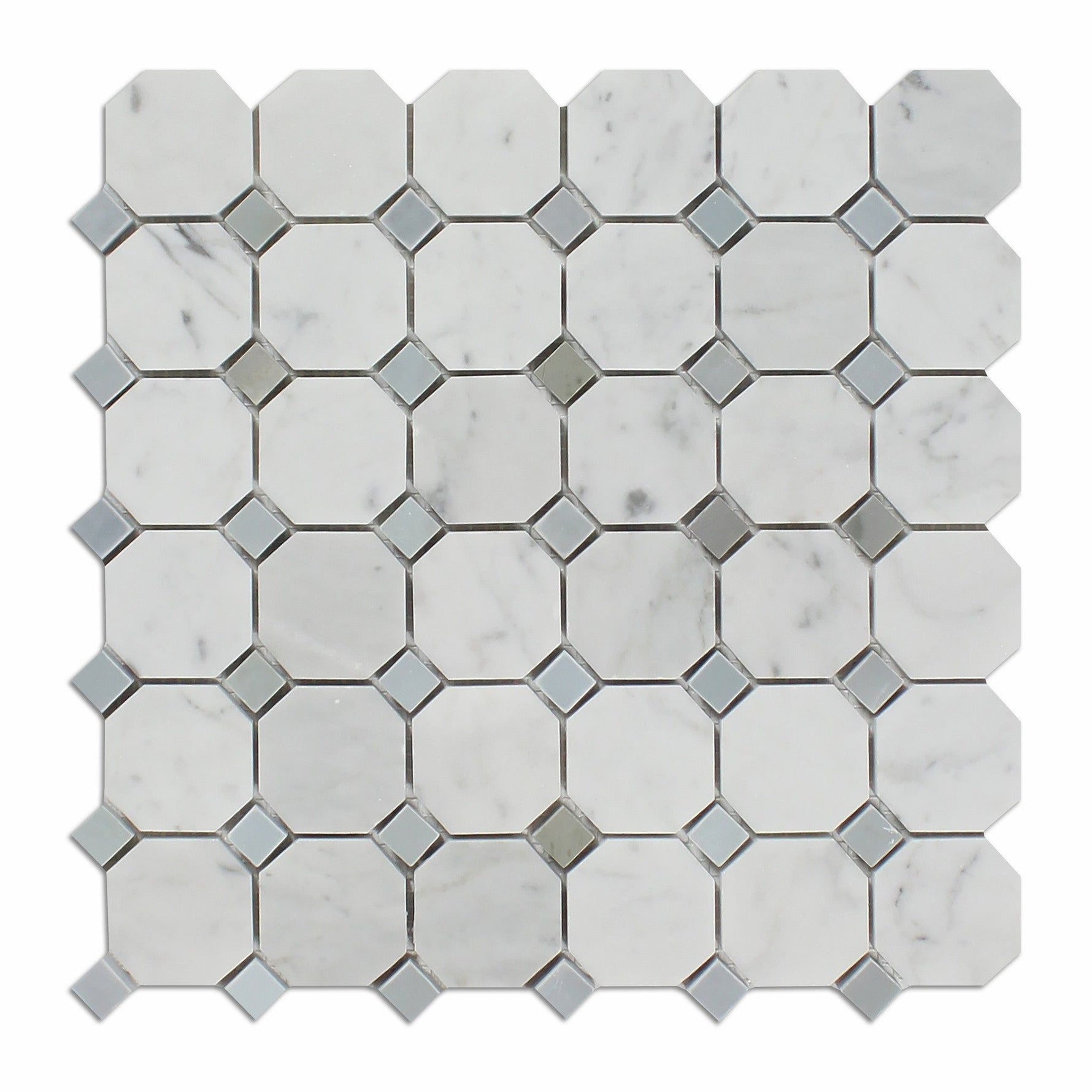 Carrara White Marble Polished Octagon Mosaic Tile w/ Blue-Gray Dots-Marble Mosaic-American Tile Depot