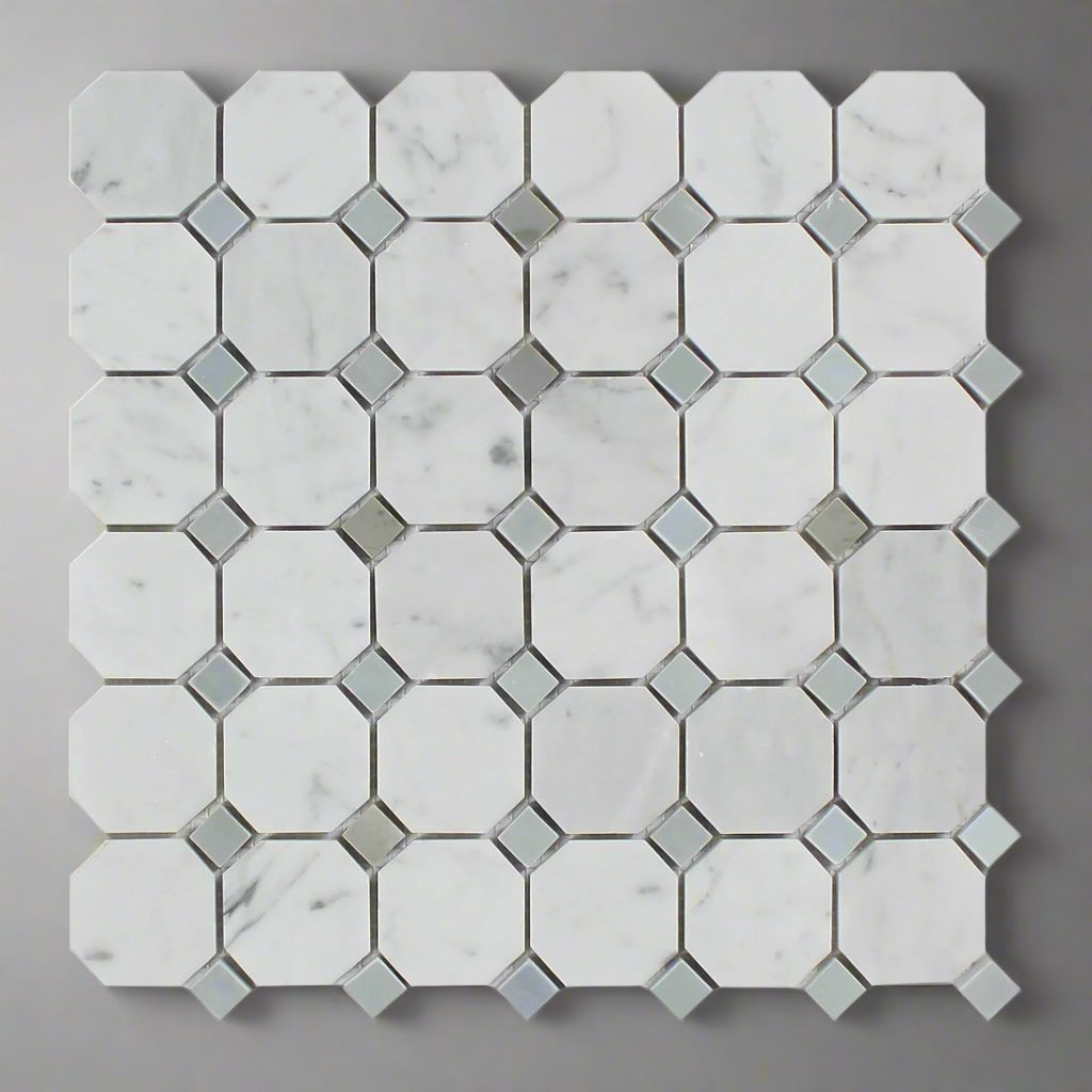 Carrara White Marble Polished Octagon Mosaic Tile w/ Blue-Gray Dots-Marble Mosaic-American Tile Depot