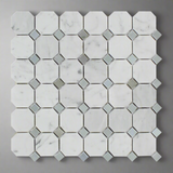 Carrara White Marble Polished Octagon Mosaic Tile w/ Blue-Gray Dots