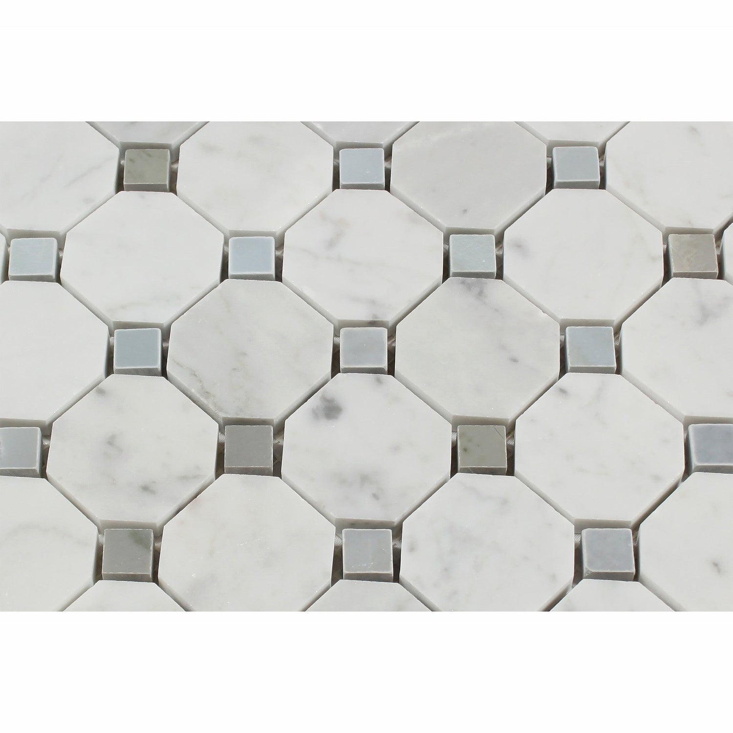 Carrara White Marble Polished Octagon Mosaic Tile w/ Blue-Gray Dots