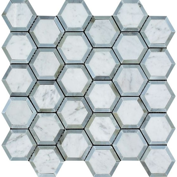 Carrara White Marble Honed 2" Vortex Hexagon Mosaic Tile w / Blue Gray-Marble Mosaic-American Tile Depot