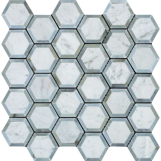 Carrara White Marble Polished 2" Vortex Hexagon Mosaic Tile w / Blue Gray-Marble Mosaic-American Tile Depot