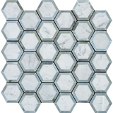 Carrara White Marble Polished 2" Vortex Hexagon Mosaic Tile w / Blue Gray