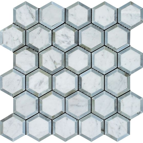 Carrara White Marble Polished 2" Vortex Hexagon Mosaic Tile w / Blue Gray-Marble Mosaic-American Tile Depot