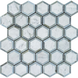 Carrara White Marble Honed 2" Vortex Hexagon Mosaic Tile w / Blue Gray