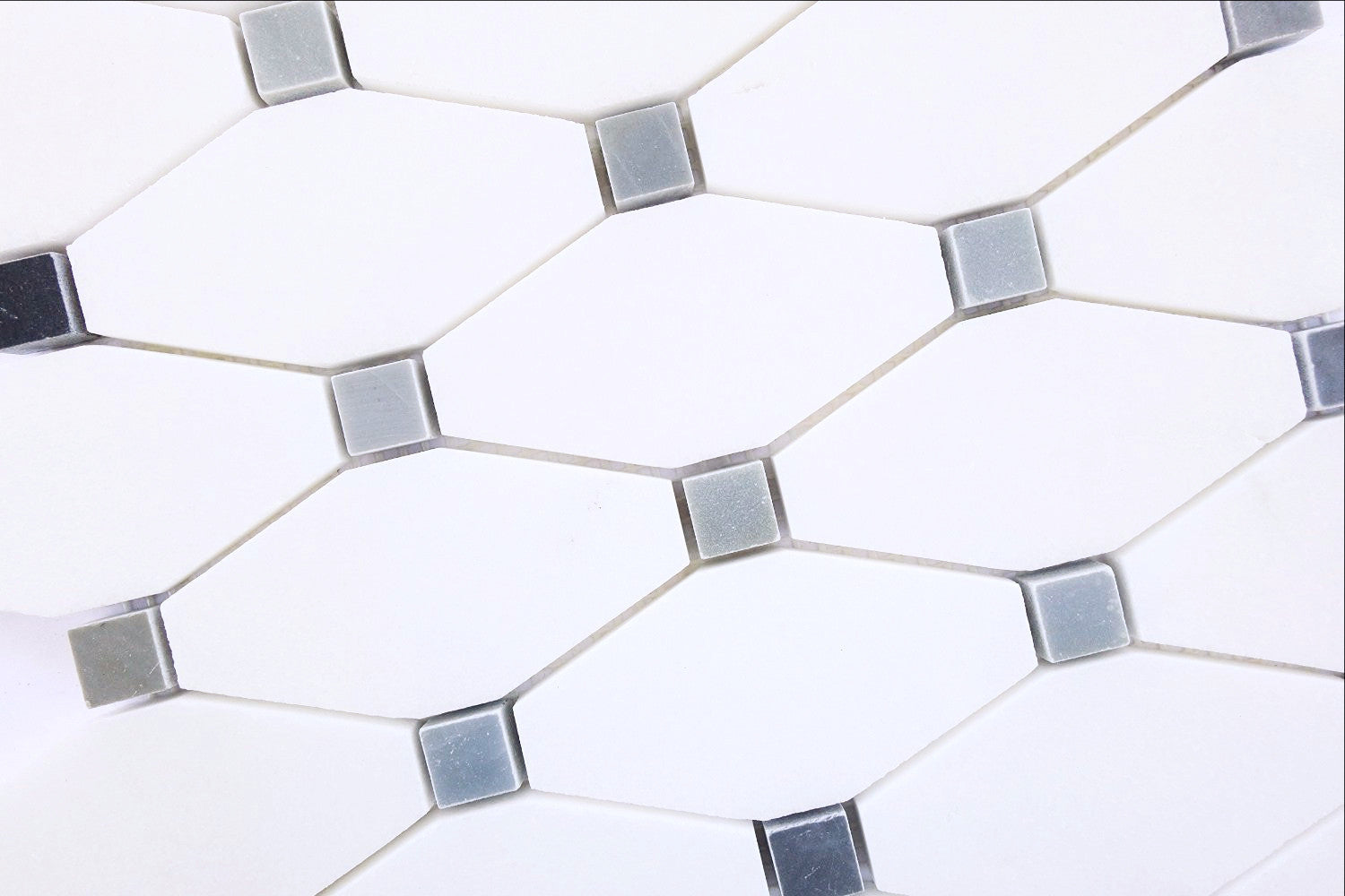 Thassos White Marble Polished Octave Pattern Mosaic Tile w/ Blue-Gray Dots