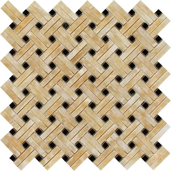 Honey Onyx Polished Stanza Basketweave Mosaic Tile w / Black Dots-Onyx Mosaic-American Tile Depot