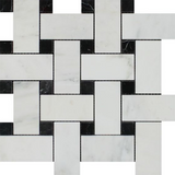 Oriental White / Asian Statuary Marble Polished Large Basketweave Mosaic Tile w / Black Dots