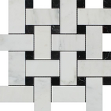 Oriental White / Asian Statuary Marble Honed Large Basketweave Mosaic Tile w / Black Dots