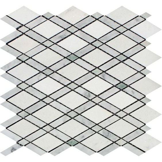 Thassos White Marble Polished Lattice Mosaic Tile w / Ming Green Dots-Marble Mosaic-American Tile Depot