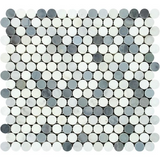 Oriental White / Asian Statuary Marble Honed Penny Round Mosaic Tile w / Blue Gray Dots