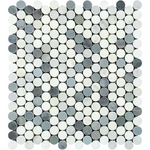 Oriental White / Asian Statuary Marble Polished Penny Round Mosaic Tile w / Blue Gray Dots-Marble Mosaic-American Tile Depot