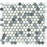 Oriental White / Asian Statuary Marble Polished Penny Round Mosaic Tile w / Blue Gray Dots