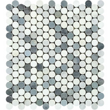 Oriental White / Asian Statuary Marble Honed Penny Round Mosaic Tile w / Blue Gray Dots