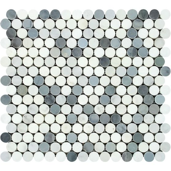 Oriental White / Asian Statuary Marble Polished Penny Round Mosaic Tile w / Blue Gray Dots-Marble Mosaic-American Tile Depot