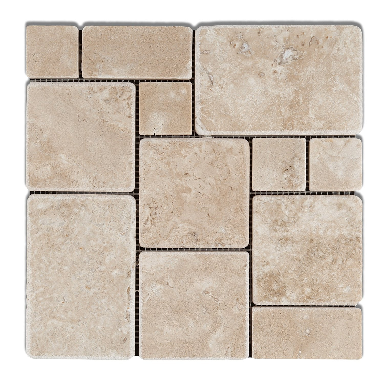 Durango Cream Travertine 4-Pieced OPUS Mini-Pattern Tumbled Mosaic Tile-Travertine Mosaic-American Tile Depot