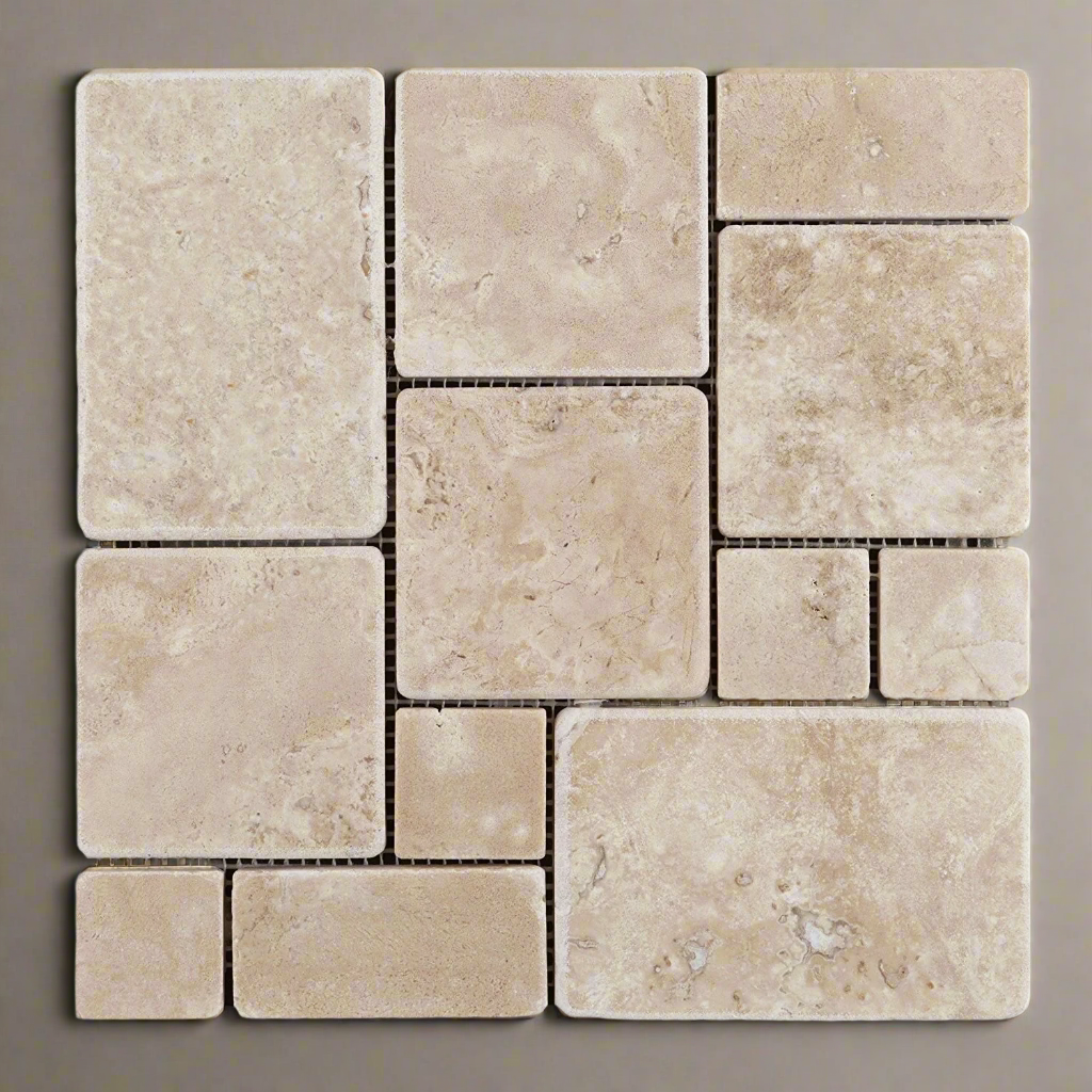 Durango Cream Travertine 4-Pieced OPUS Mini-Pattern Tumbled Mosaic Tile-Travertine Mosaic-American Tile Depot