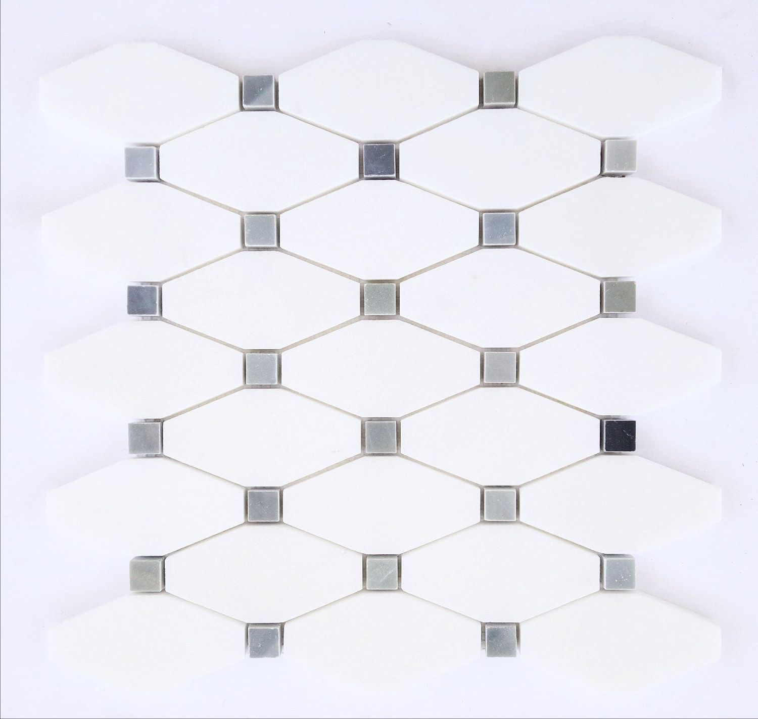 Thassos White Marble Polished Octave Pattern Mosaic Tile w/ Blue-Gray Dots-Marble Mosaic-American Tile Depot