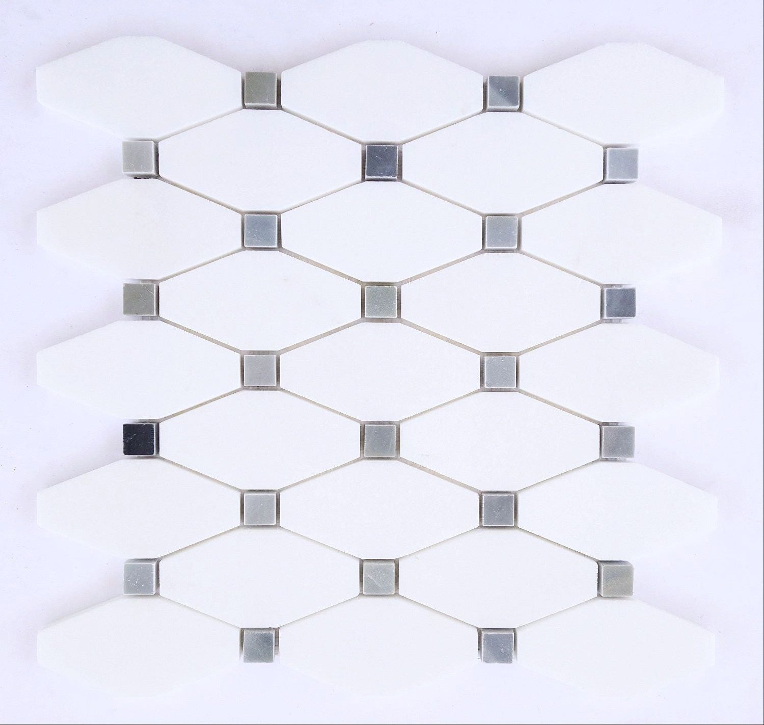 Thassos White Marble Honed Octave Pattern Mosaic Tile w/ Blue-Gray Dots-Marble Mosaic-American Tile Depot