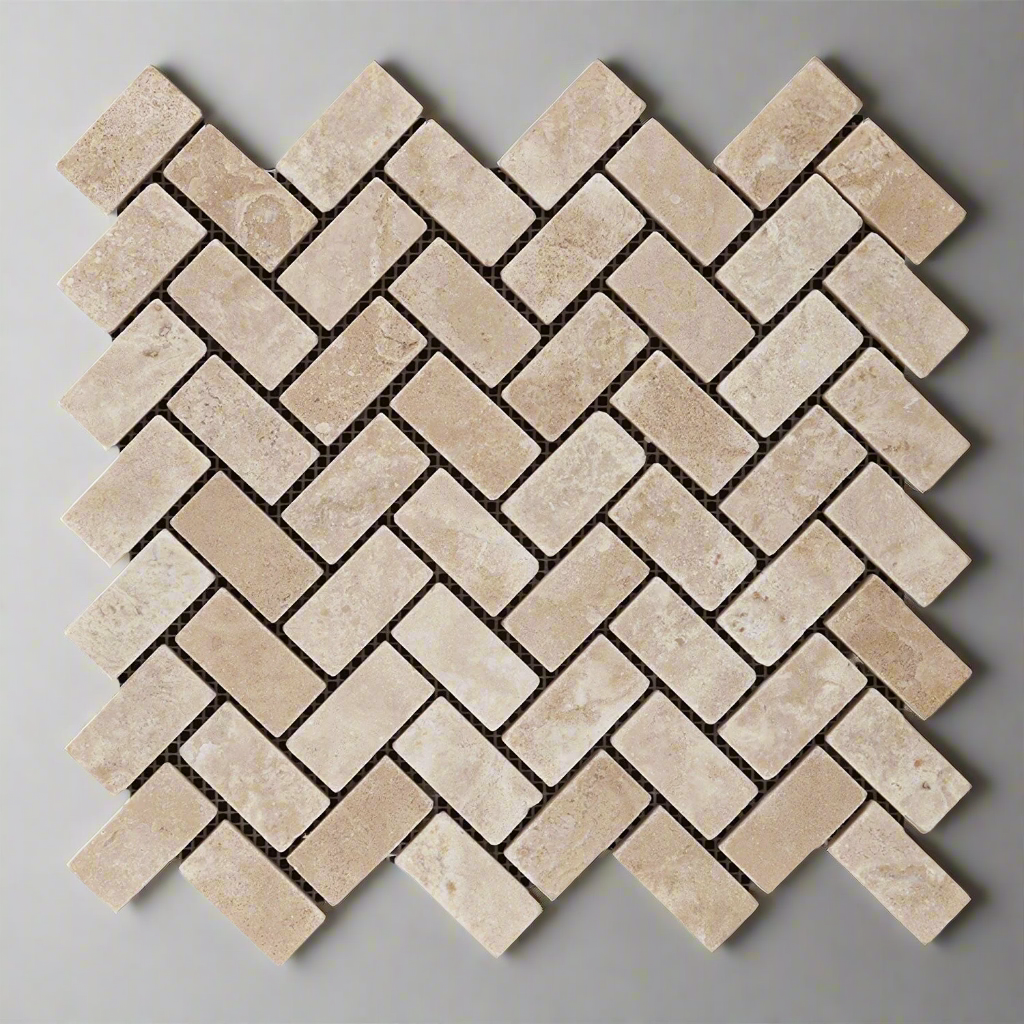 Durango Cream Travertine Tumbled 1 X 2 Herringbone Mosaic Tile-Travertine Mosaic-American Tile Depot