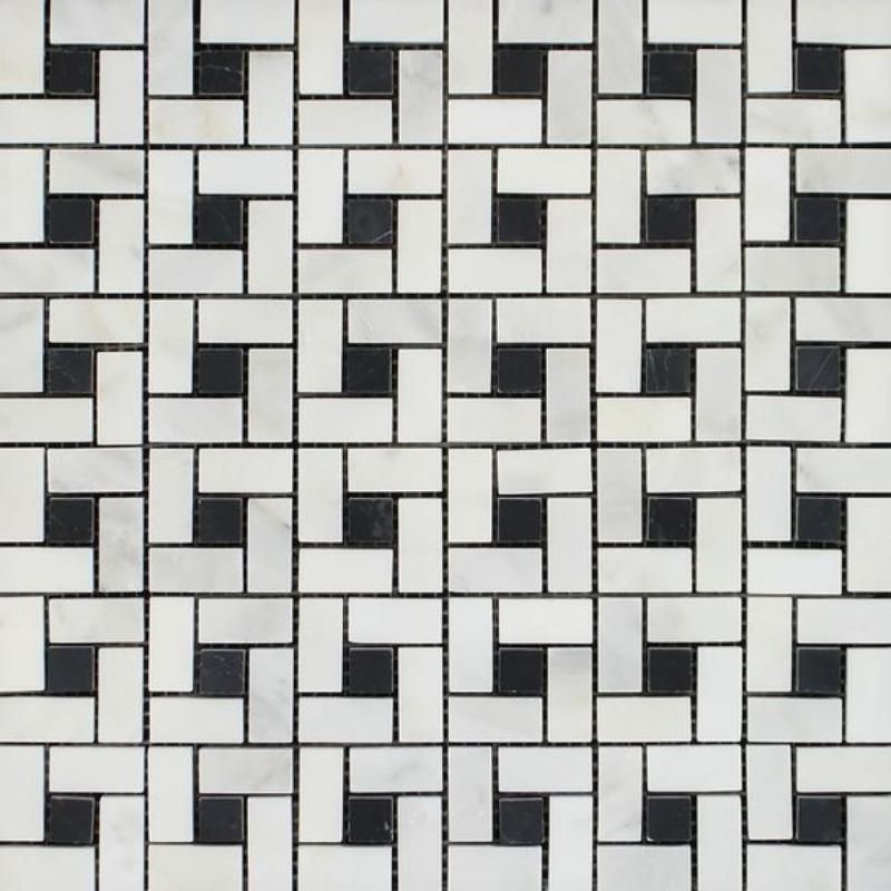 Oriental White / Asian Statuary Marble Honed Pinwheel Mosaic Tile w/ Black Dots-Marble Mosaic-American Tile Depot