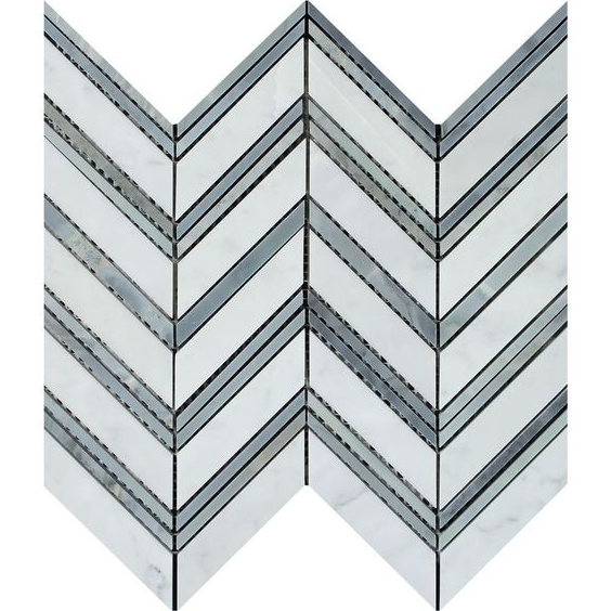 Carrara White Marble Honed Large Chevron Mosaic Tile w / Blue-Gray Strips-Marble Mosaic-American Tile Depot