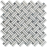 Oriental White / Asian Statuary Marble Honed Stanza Basketweave Mosaic Tile w / Blue-Gray Dots