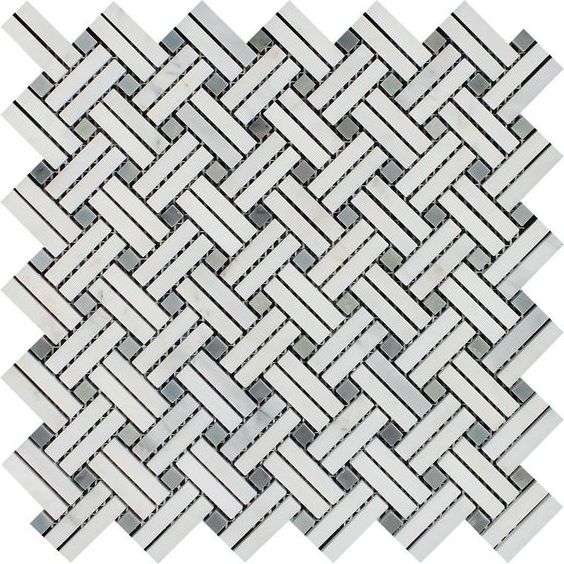 Oriental White / Asian Statuary Marble Polished Stanza Basketweave Mosaic Tile w / Blue-Gray Dots-Marble Mosaic-American Tile Depot