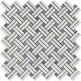 Oriental White / Asian Statuary Marble Polished Stanza Basketweave Mosaic Tile w / Blue-Gray Dots