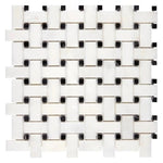 Afyon White Marble Polished Basketweave Mosaic Tile w/ Black Dots-Marble Mosaic-American Tile Depot