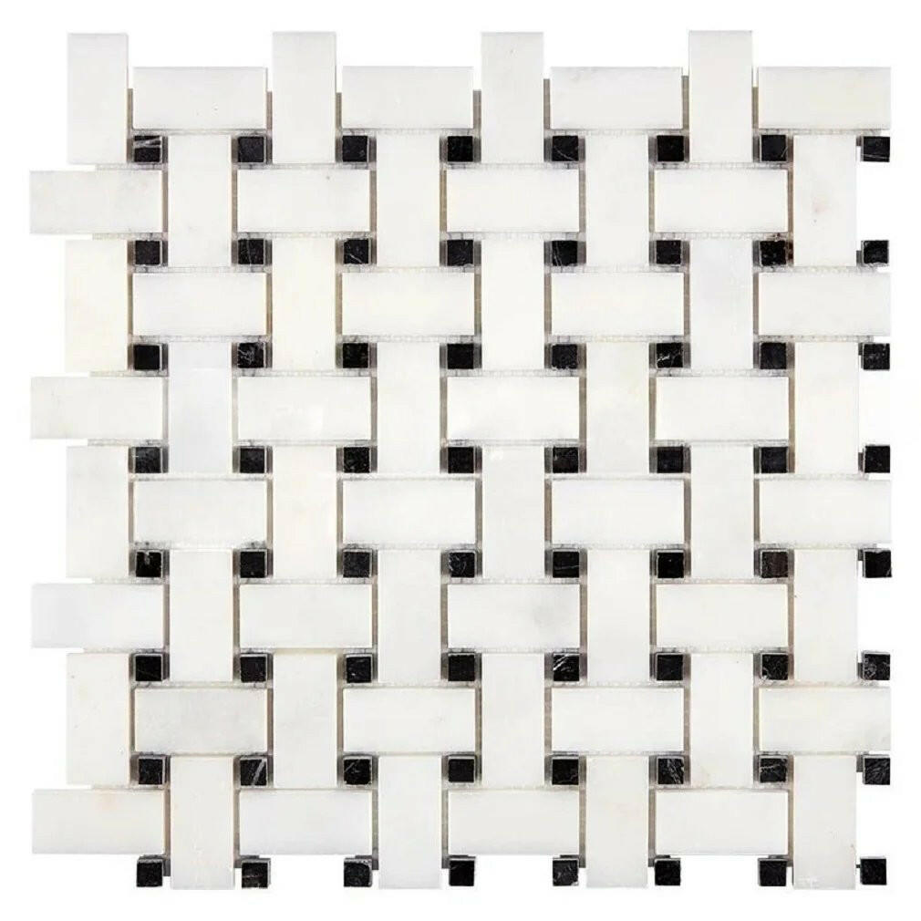 Afyon White Marble Polished Basketweave Mosaic Tile w/ Black Dots-Marble Mosaic-American Tile Depot