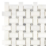 Afyon White Marble Polished Basketweave Mosaic Tile w/ Blue-Gray Dots-Marble Mosaic-American Tile Depot