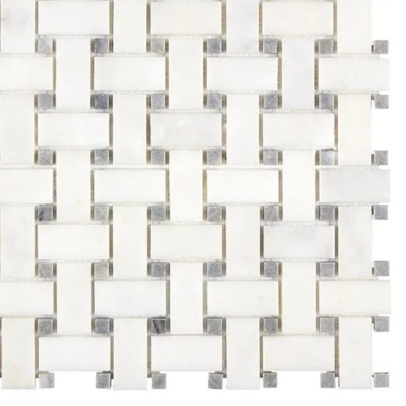 Afyon White Marble Polished Basketweave Mosaic Tile w/ Blue-Gray Dots-Marble Mosaic-American Tile Depot